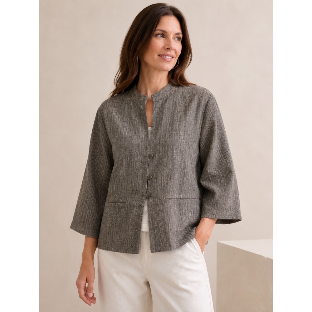 Eileen Fisher Renew 100% Linen Jacket Olive Brown Melange 3/4 Sleeve Medium M